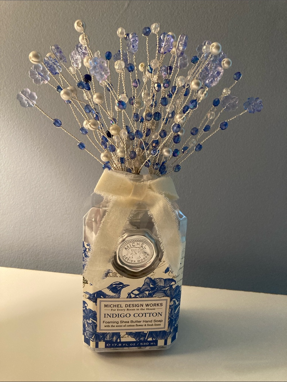 HANDMADE COTTAGE STYLE WIRE BEADED BOUQUET SILVER BLUE WHITE WITH UPCYCLED VASE